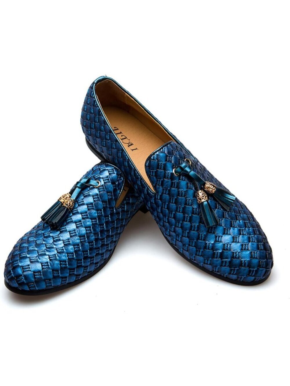 JITAI Men's Blue02 Velvet Tassel Loafers Embroidery Slip On Block Heel Shoes